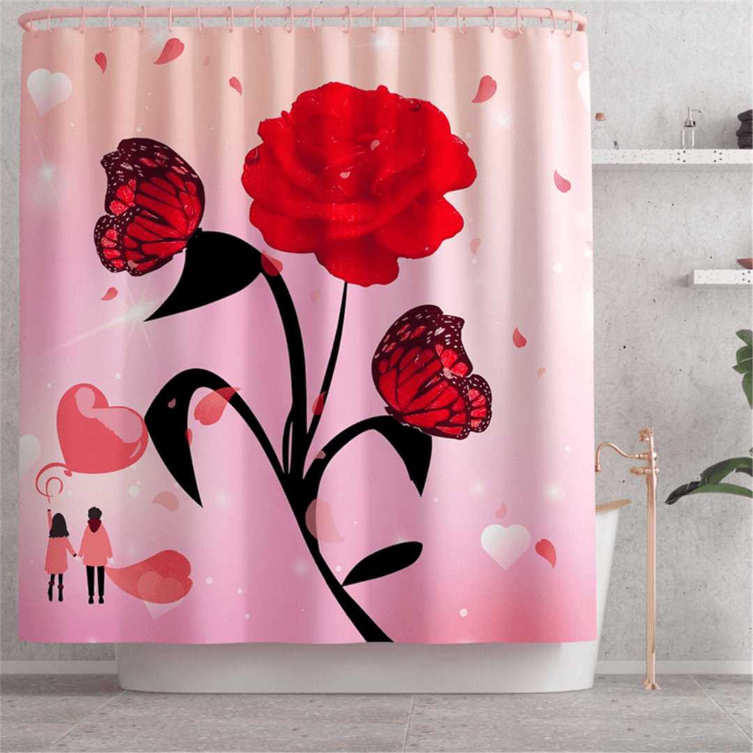 Rose Flower Waterproof Shower Curtain Non-Slip Rug Toilet Cover Bath Mat Decor - MRSLM