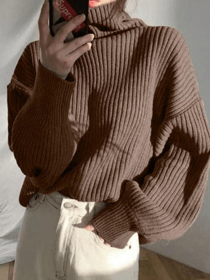Women Solid Casual Puff Sleeve Veins Homely Thick Sweaters - MRSLM