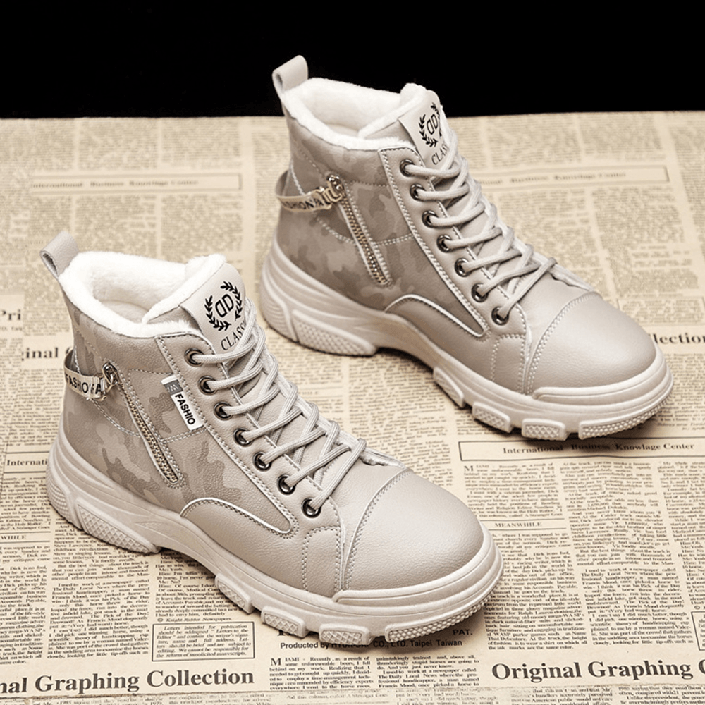 Women Casual Letter Pattern Lace up Zippers Warm Wearable Ankle Sports Court Sneaker Shoes - MRSLM