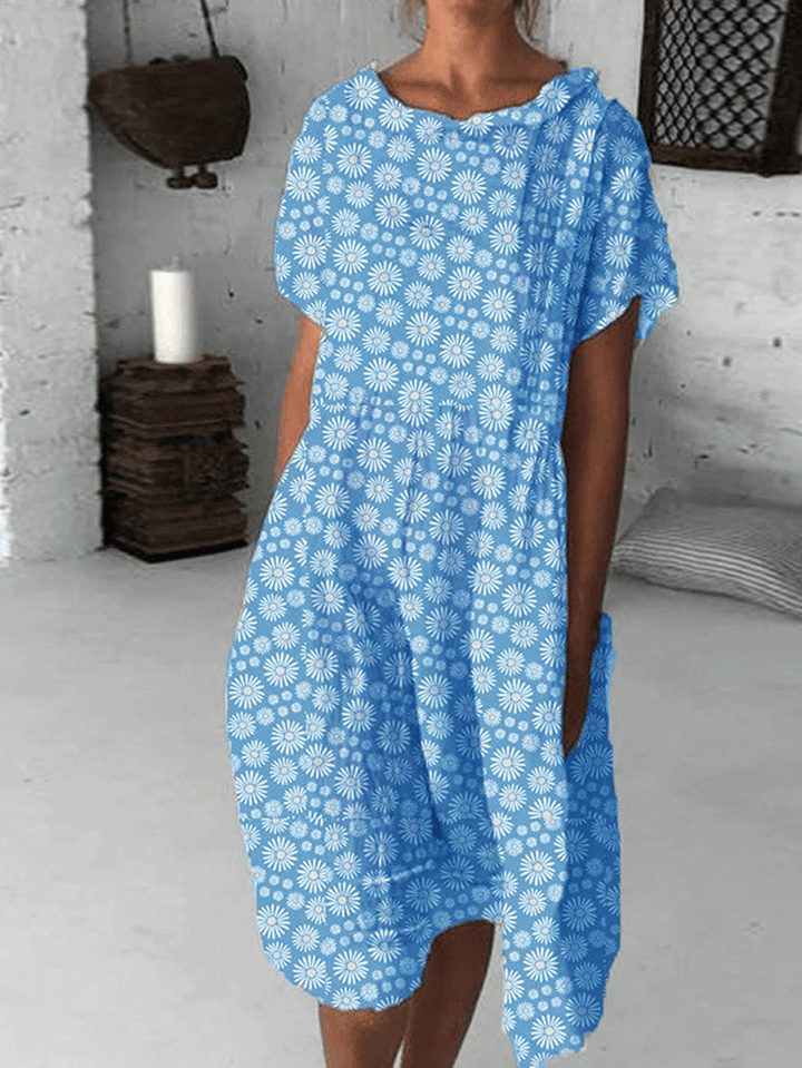 Sunflower Print Crew Neck Short Sleeve Cotton Blends Casual Midi Dress - MRSLM