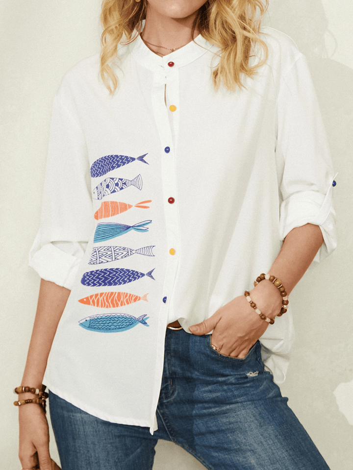 Fish Print Colorful Button Stand Collar Casual Long Sleeve Shirts for Women - MRSLM