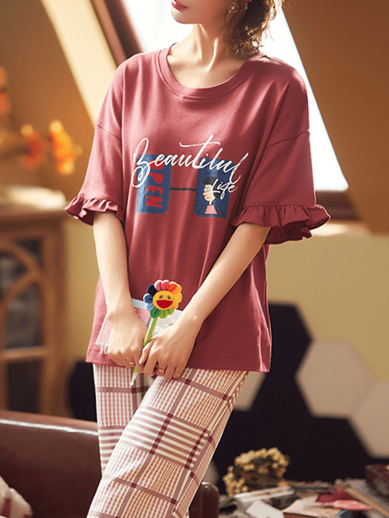 Plus Size Women Cute Cartoon Print Ruffle Trims Short Sleeve Pajama Sets - MRSLM