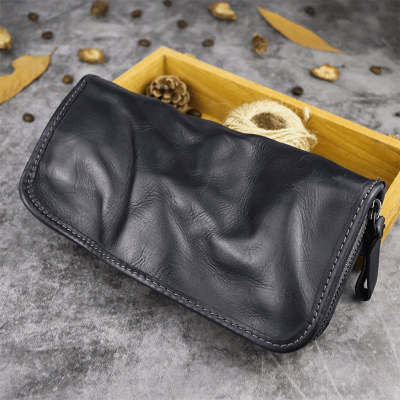 Men Genuine Leather Made-Old Fold Mark Large Capacity 5.5 Inch Phone Bag Clutch Wallet - MRSLM