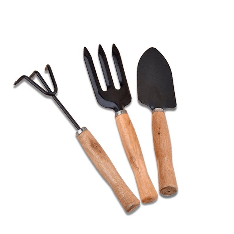 3Pcs Garden Hand Tools Set Iron Gardening Shovel Spade Rake Trowel Wood Handle - MRSLM