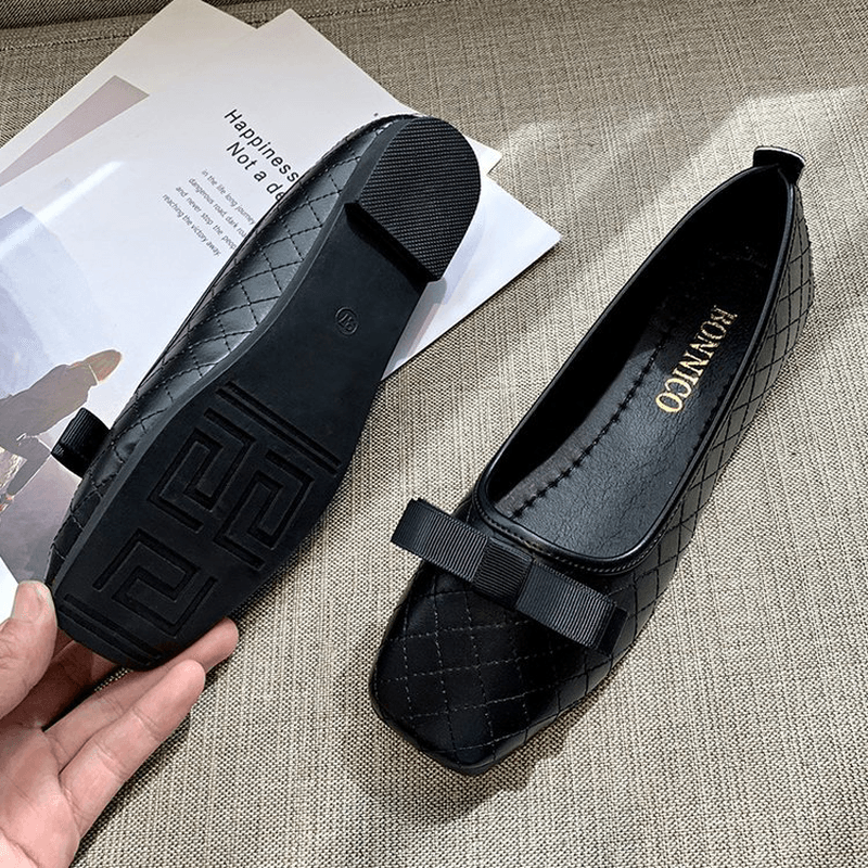 Women Bow Decor Comfy Square Toe Soft Sole Casual Slip on Loafers - MRSLM