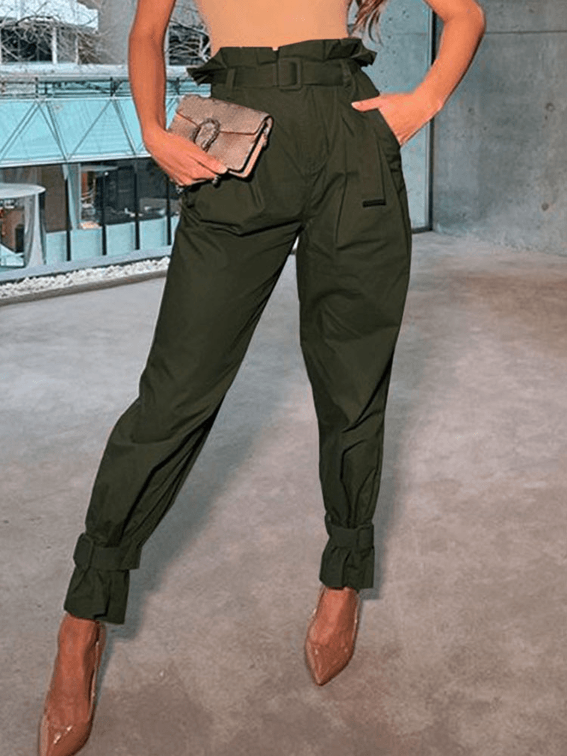 Women Solid Color Belted Cuff Casual High Waist Cargo Pants with Pocket - MRSLM