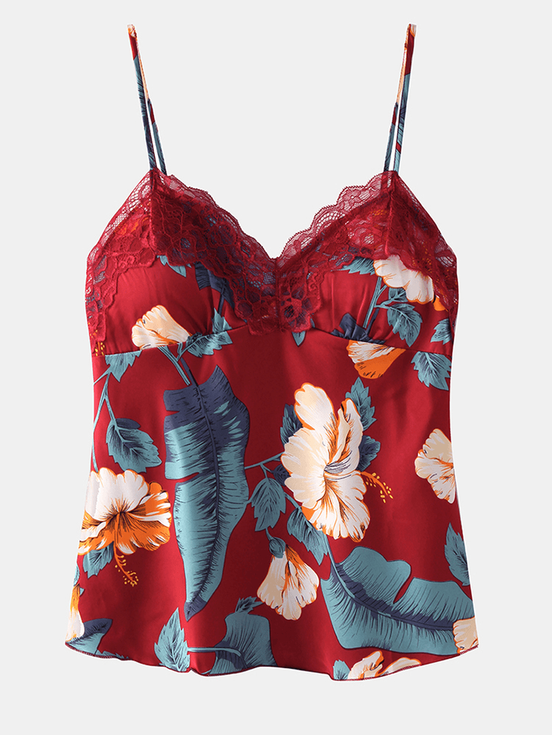 Women Sleeveless Tropical Print Lace Trim V-Neck Smooth Home Pajama Set - MRSLM
