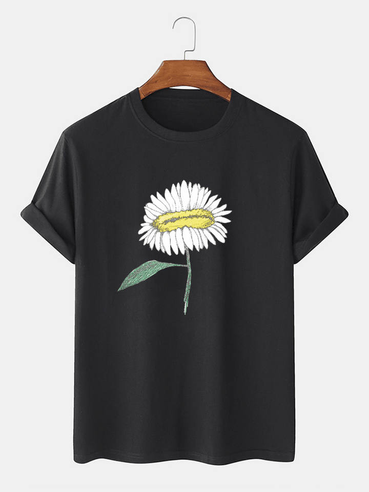 Mens Hand-Painted Flower Print 100% Cotton O-Neck Short Sleeve T-Shirt - MRSLM