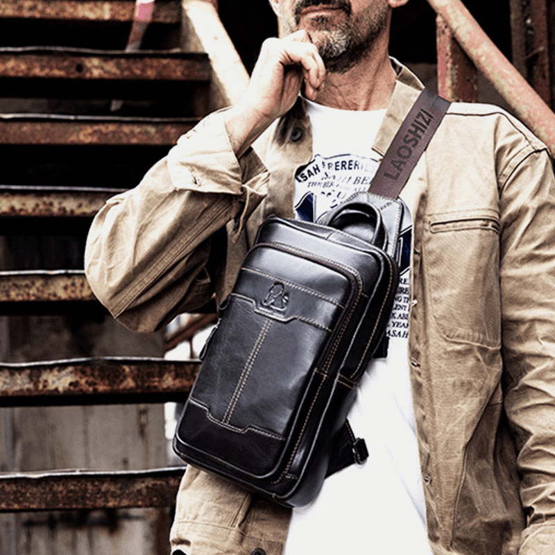 Men Genuine Leather Waxed Leather Cowhide Retro Fashion Business Chest Bag Shoulder Bag - MRSLM