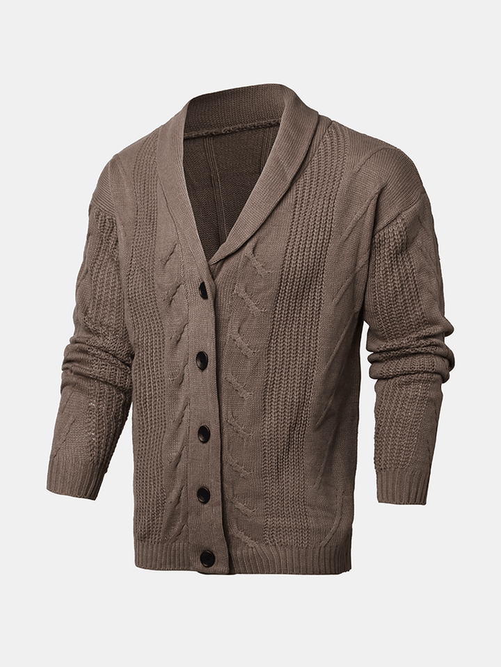 Mens Rib-Knit Button Front Lapel Solid Casual Long Sleeve Cardigans - MRSLM