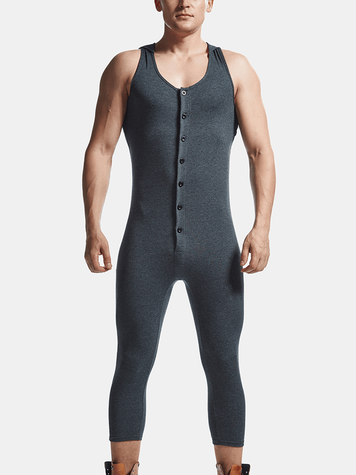 Men Solid Color Letter Print Hooded Sleeveless Cotton Breathable Button Onesies Sleepwear - MRSLM