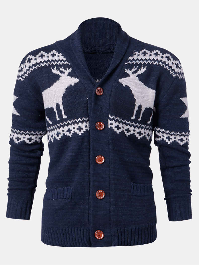 Mens Christmas Reindeer Button Thick Warm Casual Knitted Cardigan Sweater - MRSLM
