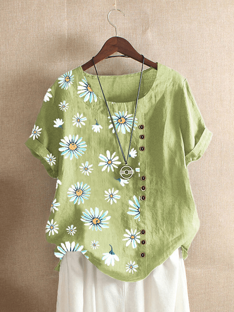 Summer Small Daisies Print Vintage Style Short Sleeve Casual T-Shirts - MRSLM