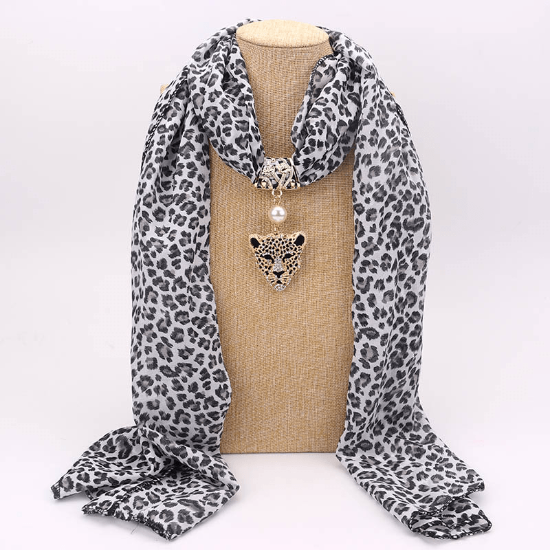 Print Alloy Pendant Scarf Beaded Pendant Scarfprinted Chiffon Necklace - MRSLM