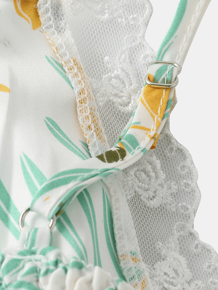 Women Lace Trim V-Neck Floral Print Smooth Home Sleeveless Pajama Set - MRSLM