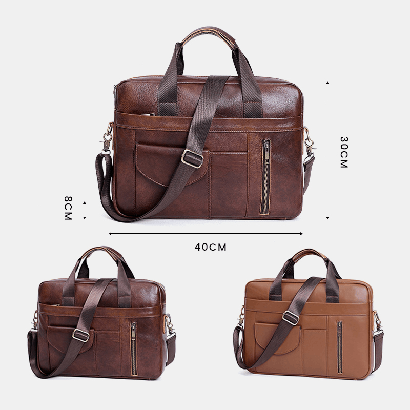 Men Multifunction Genuine Leather 15.6 Inch Laptop Bag Briefcases Retro Multi-Pocket Crossbody Bag Shoulder Bag - MRSLM