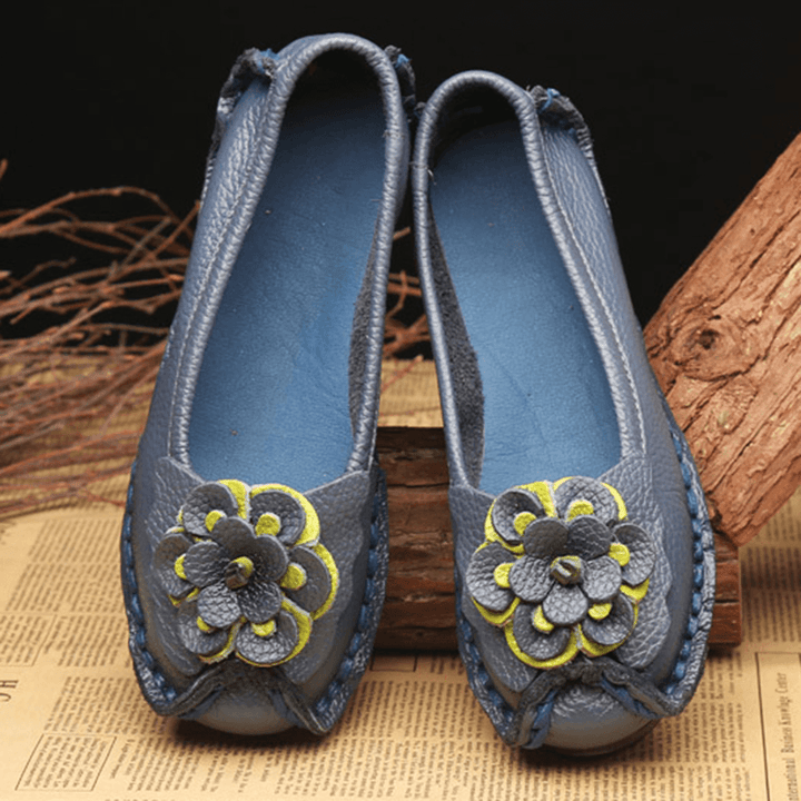 Women Shoes Casual Comfortable Floral Leather Flats - MRSLM