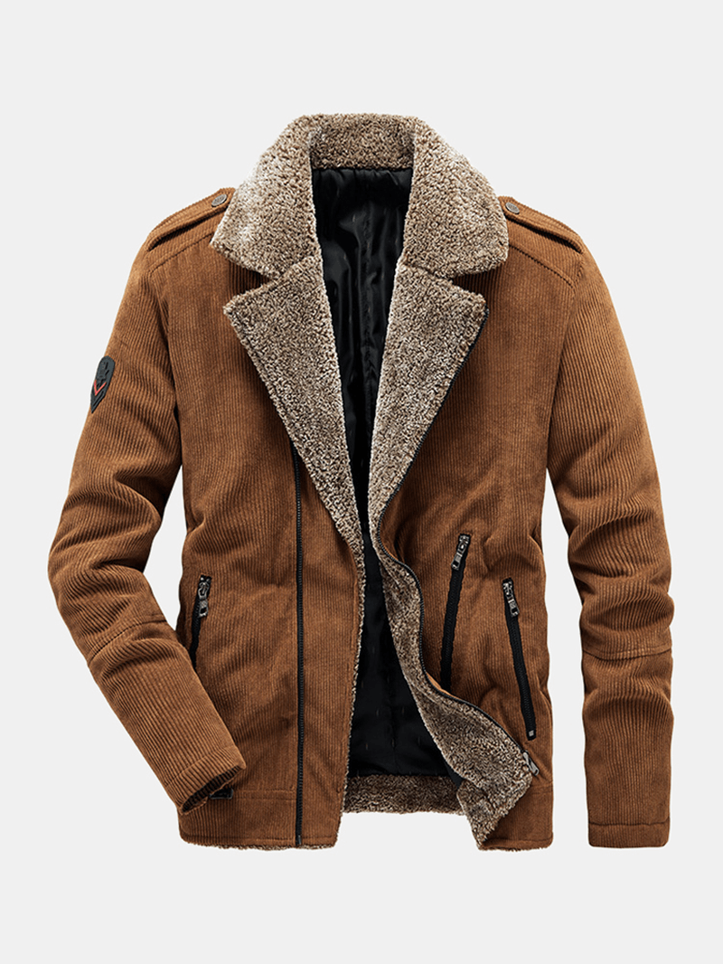 Mens Vintage Corduroy Solid Color Thicken Fleece Lapel Casual Warm Jacket - MRSLM
