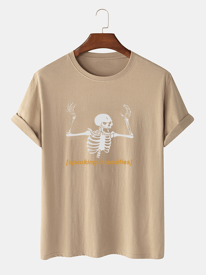 Mens 100% Cotton Halloween Skeleton Letter Print Short Sleeve T-Shirts - MRSLM