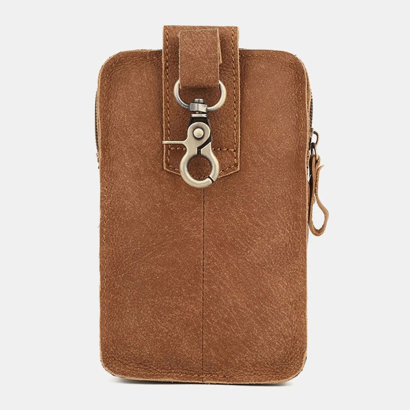Men Genuine Leather Multi-Pocket Belt Bag Retro 6.5 Inch Phone Bag Waist Bag with Hook - MRSLM