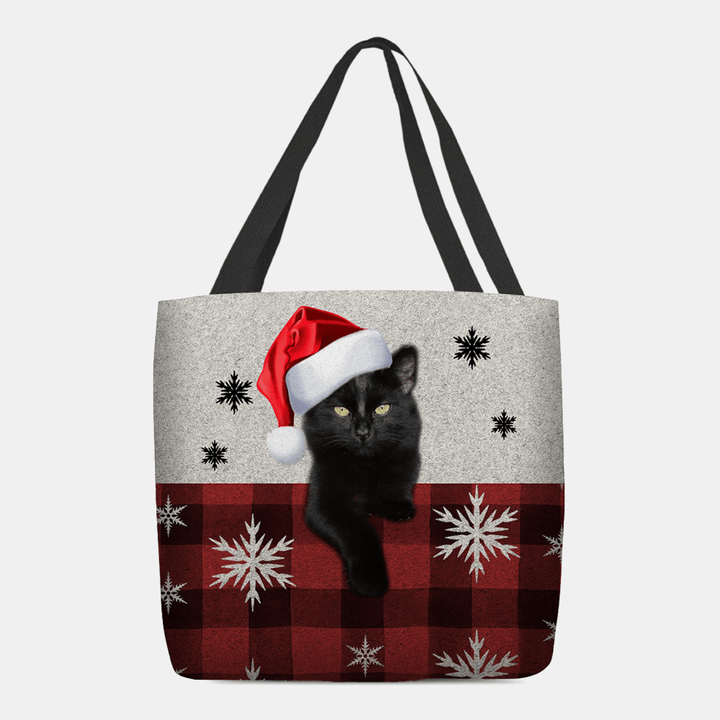 Women Felt Cute Cartoon Festive Christmas Dressed Cat Snowflake Pattern Shoulder Bag Handbag Tote - MRSLM