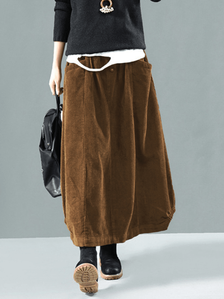 Women Corduroy Button Trim Elastic Waist Solid Retro Skirt with Pocket - MRSLM