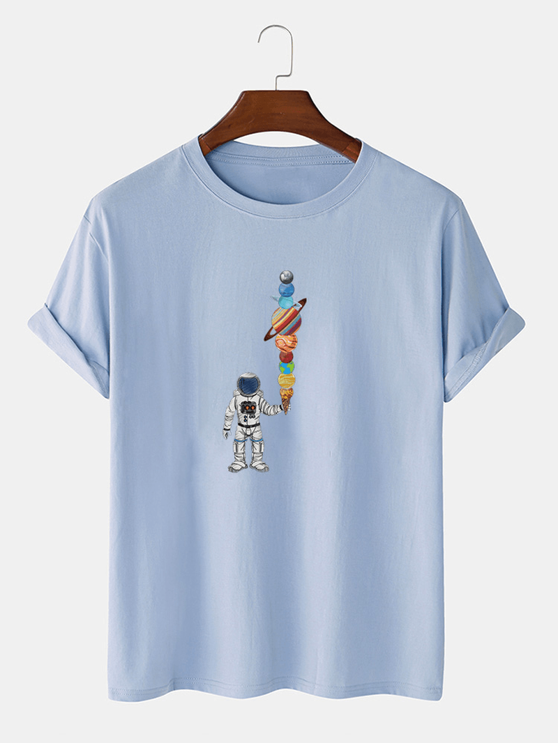 Mens Cartoon Astronaut Ice Cream Print Casual Lightweight Thin T-Shirt - MRSLM