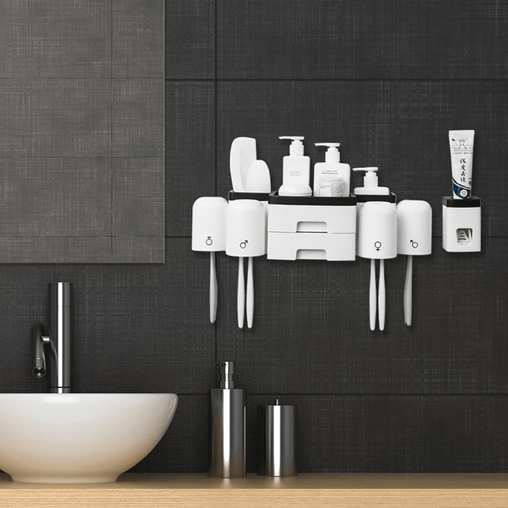 Kitchen Shelf Toothbrush Rack Hole-Free Mouthwash Cup Bathroom Wall-Mounted 2 Drawers Toothbrush Receptacle Rack + Toothpaste Extruder - MRSLM