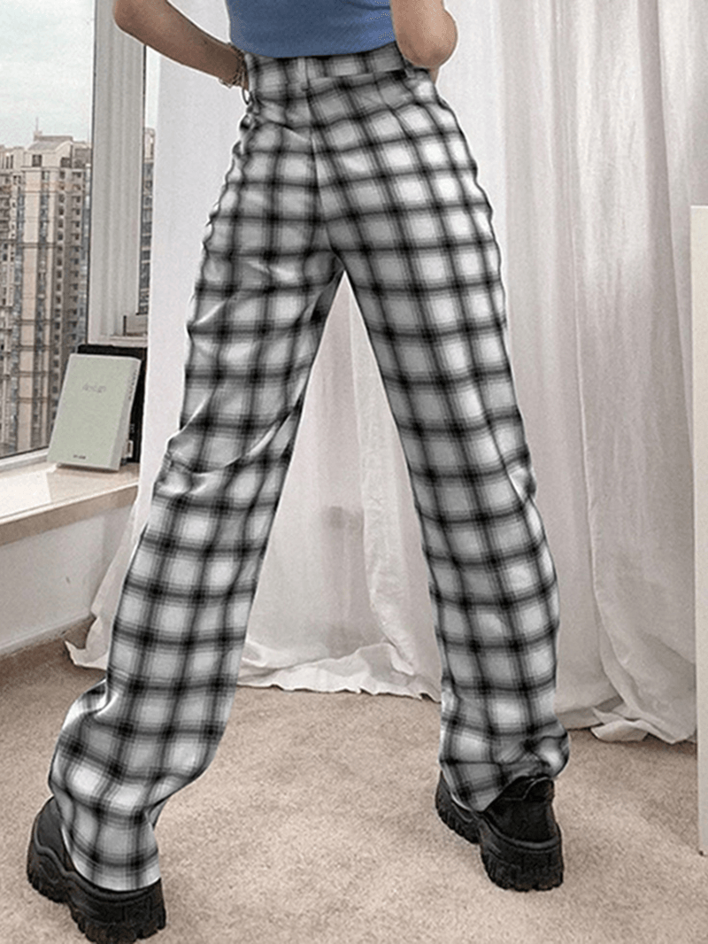 Women Plaid Print Hight Waist Zipper Fly Suit Trousers Wide Leg Pants - MRSLM