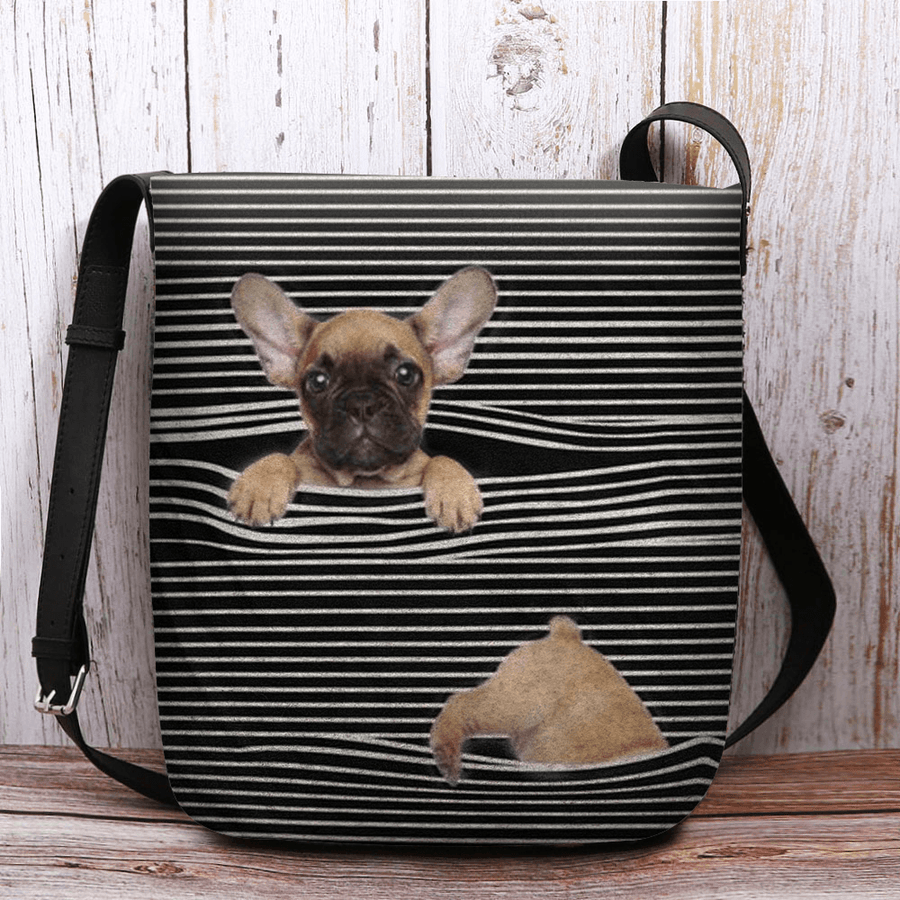 Women Felt Casual Stripe Cute 3D Dog Printing Pattern Crossbody Bag Shoulder Bag - MRSLM