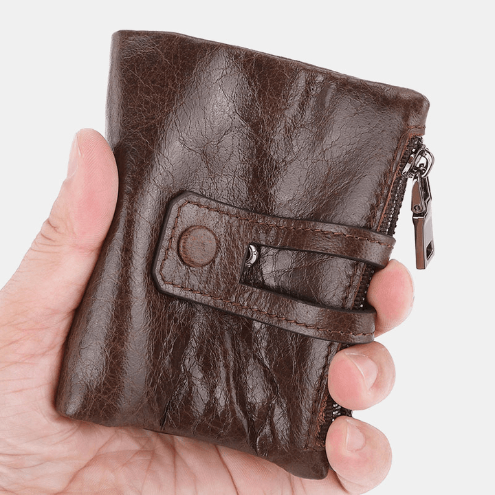 Men Genuine Leather Zipper RFID Blocking Anti-Theft Retro Business Card Holder Wallet - MRSLM