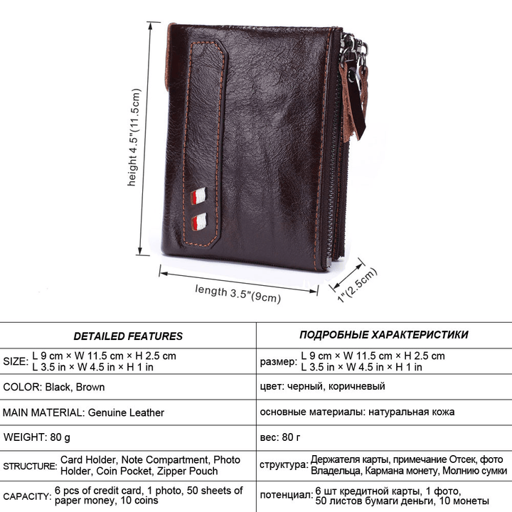 Men Genuine Leather Double Zipper Retro Business Short Hand Carry Card Holder Wallet - MRSLM