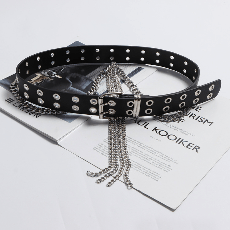 Fashion All-Match Black Belt Tassel Chain Double Row Perforated Hundred Matching Waist Seal - MRSLM