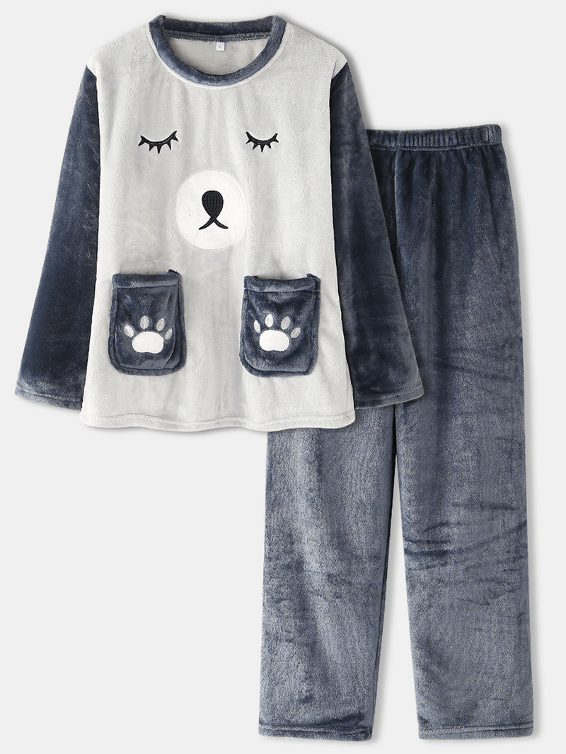 Women plus Size Cute Cartoon Bear Flannel Double Pockets Thick Warm Home Pajamas Set - MRSLM