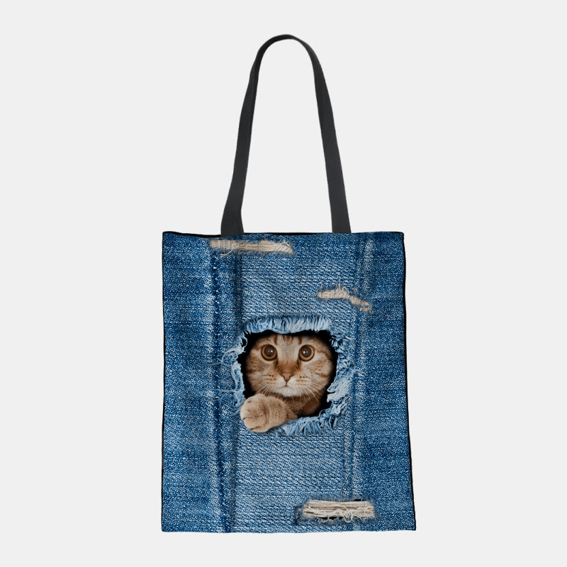 Women Canvas Breaking Hole Denim 3D Cute Cat Dog Pattern Casual Outdoor Handbag Shoulder Bag Tote - MRSLM