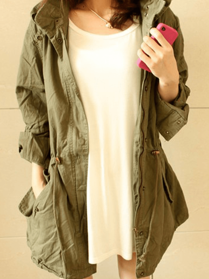 Women Solid Color Drawstring Waist Casual Hooded Coats with Pocket - MRSLM
