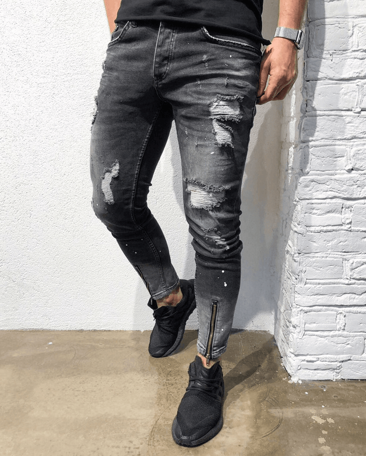 European and American New Fashion Ripped Youth Jeans with Zipper Elastic Feet - MRSLM