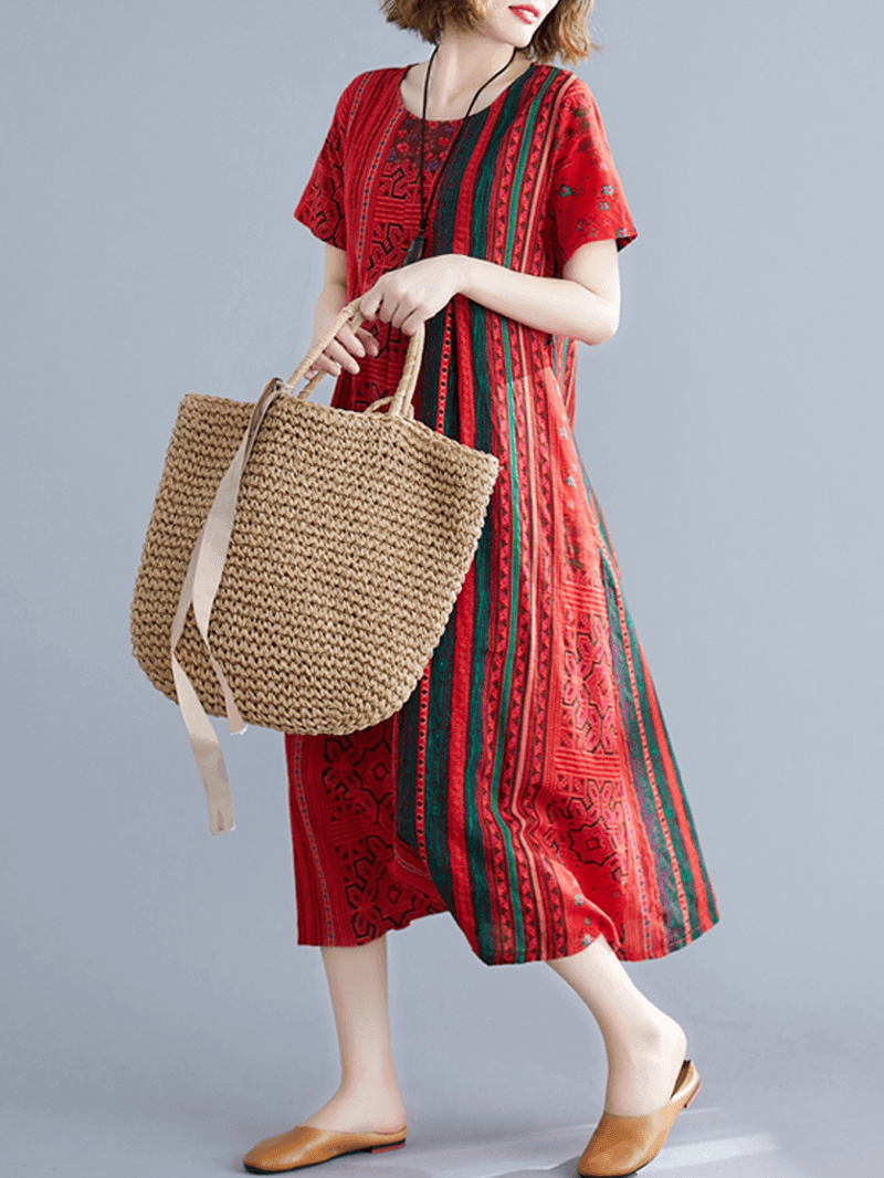 Ethnic Stripe Print Short Sleeve Vintage Dress - MRSLM