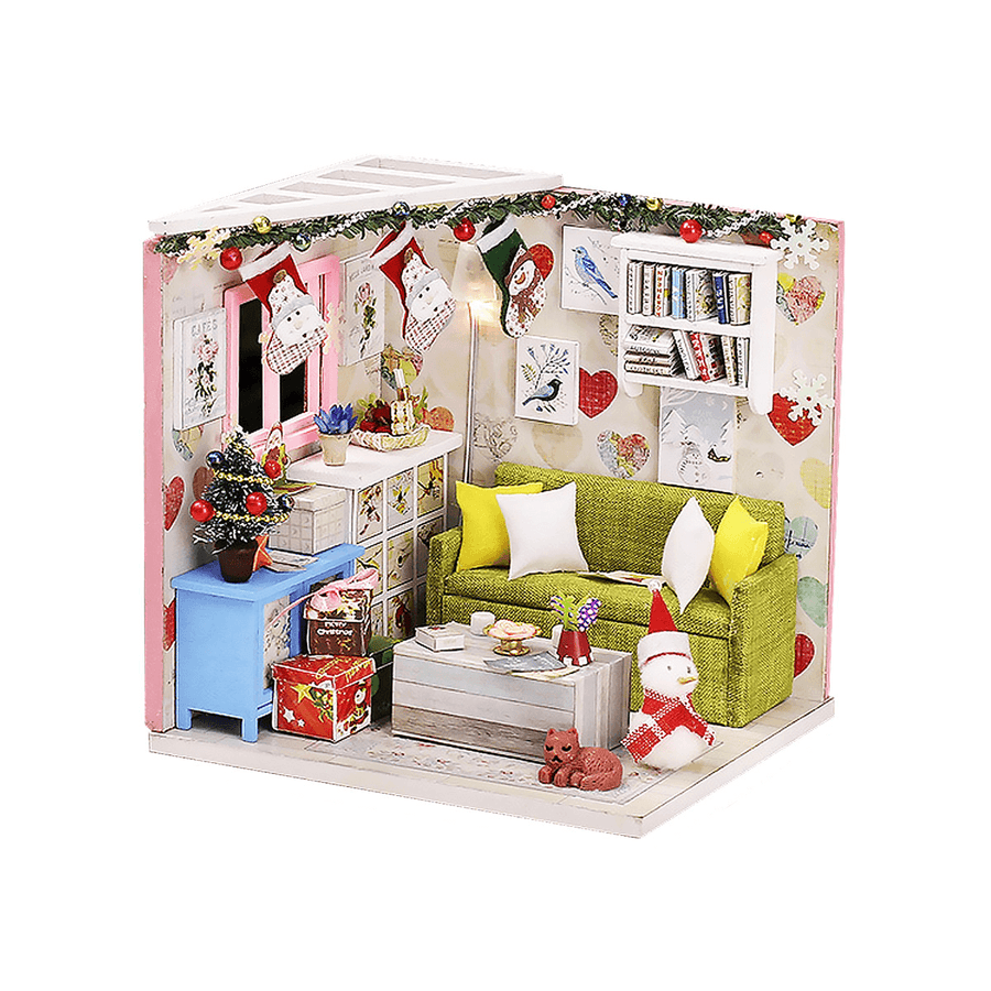 Wooden Living Room DIY Handmade Assemble Doll House Miniature Furniture Kit Education Toy with LED Light for Collection Birthday Gift - MRSLM