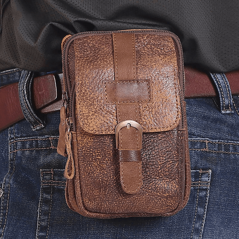 Men Genuine Leather Multifunction Vintage 6.3 Inch Phone Case Wear-Resistant Cowhide Waist Packs - MRSLM