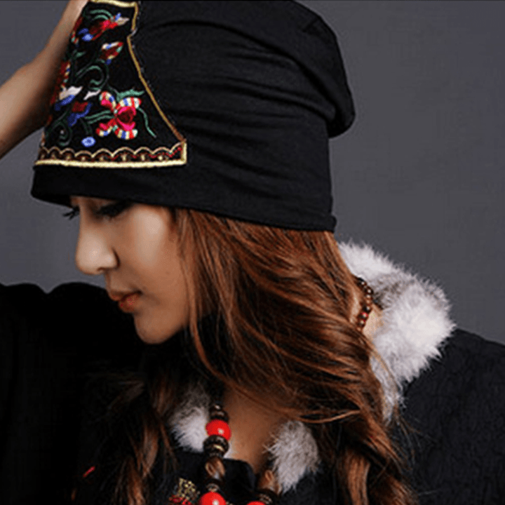 Women Cotton Floral Ethnic Embroidery Beanie Hat Elastic Breathable Turban Cap - MRSLM