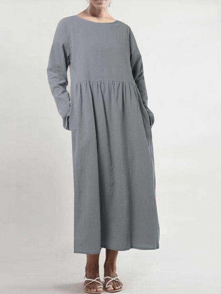 Women Cotton Crew Neck Long Sleeve Solid Casual Dress - MRSLM
