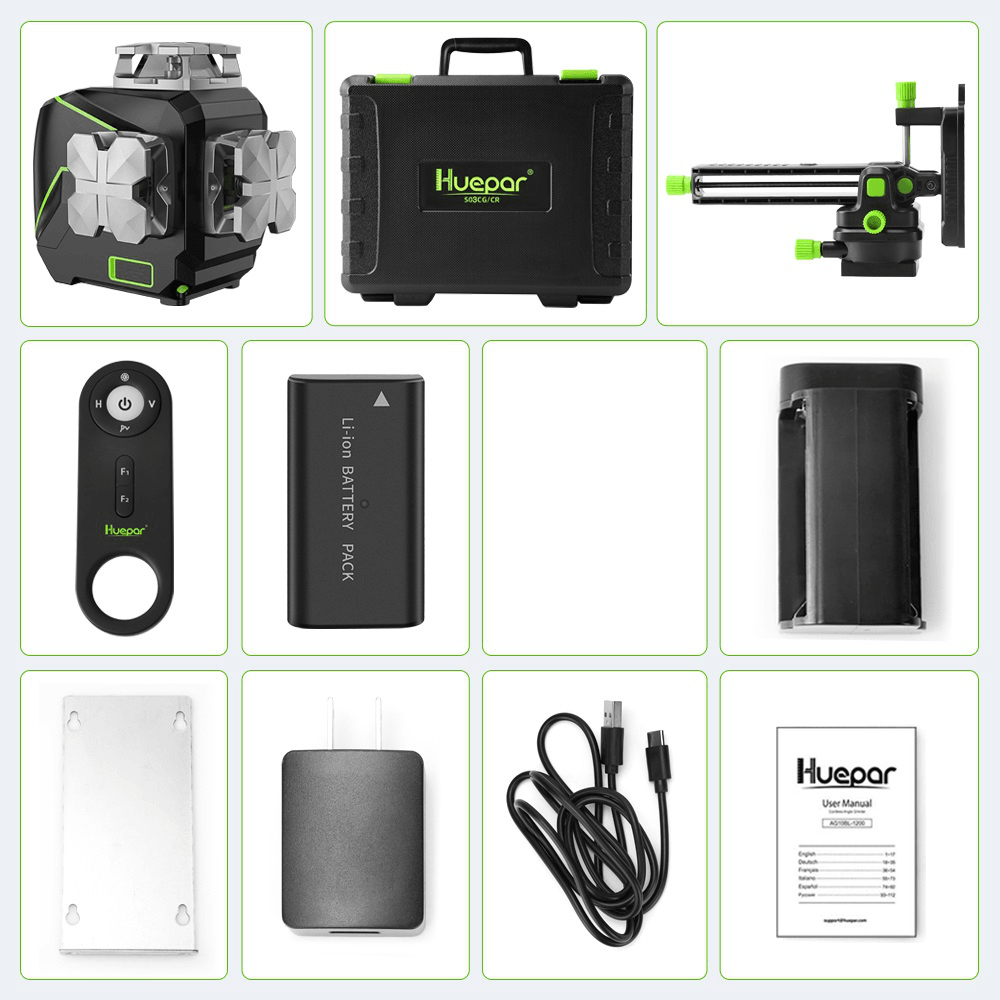 Huepar S03CG 3D LCD Display Cross Line Laser Level 12 Lines Green Beam Bluetooth & Remote Control Functions with Hard Carry Case - MRSLM