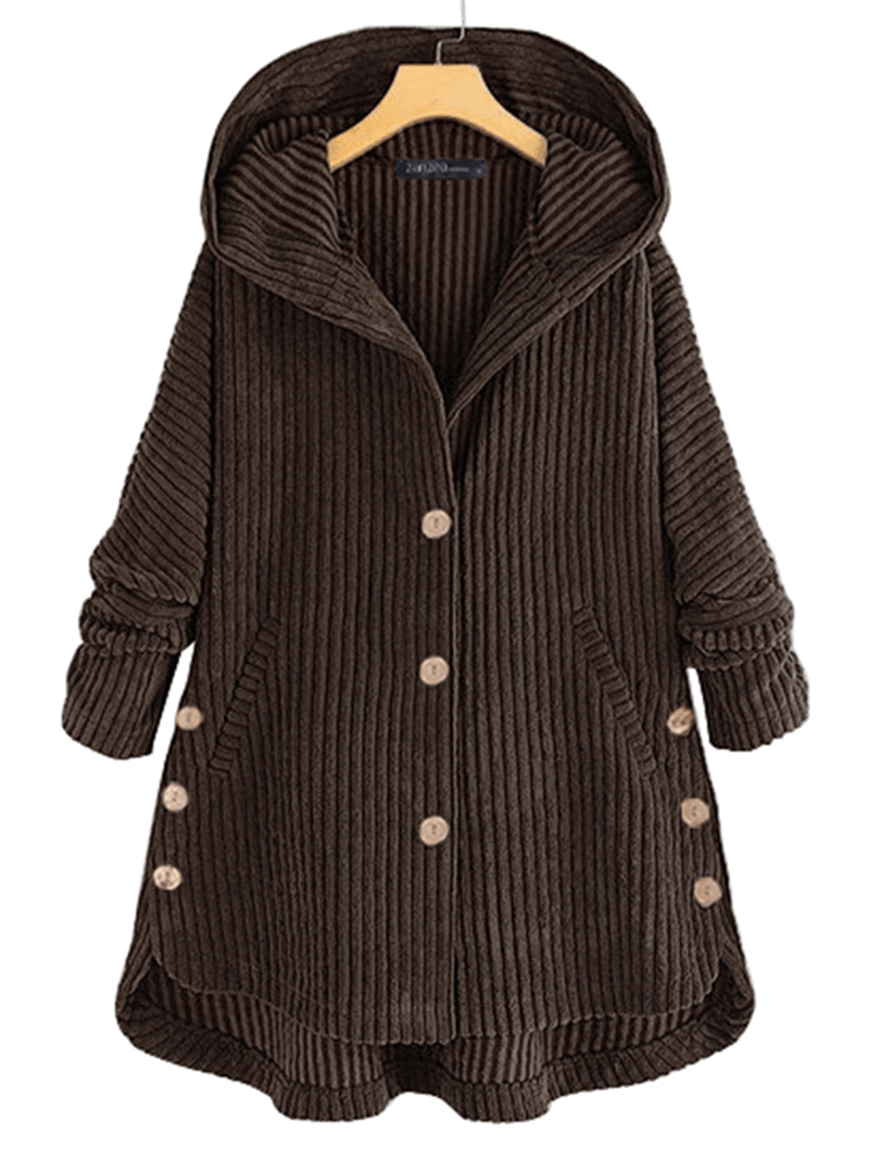 Women Corduroy Solid Color Side Button Coats Long Sleeve Hooded Jacket with Pocket - MRSLM