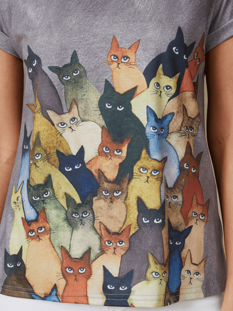 Women Cute Cat Print round Neck Casual Short Sleeve T-Shirts - MRSLM