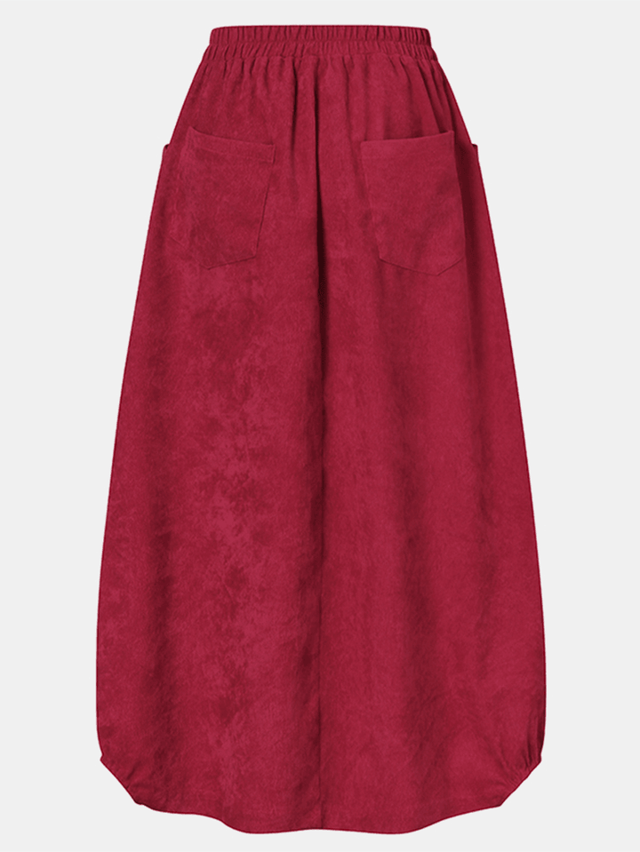 Women Corduroy Button Trim Elastic Waist Solid Retro Skirt with Pocket - MRSLM