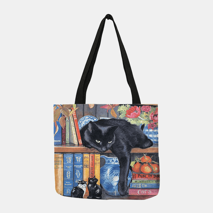 Women Felt Cute Cat Bookshelf Literary Works Pattern Shoulder Bag Handbag Tote - MRSLM