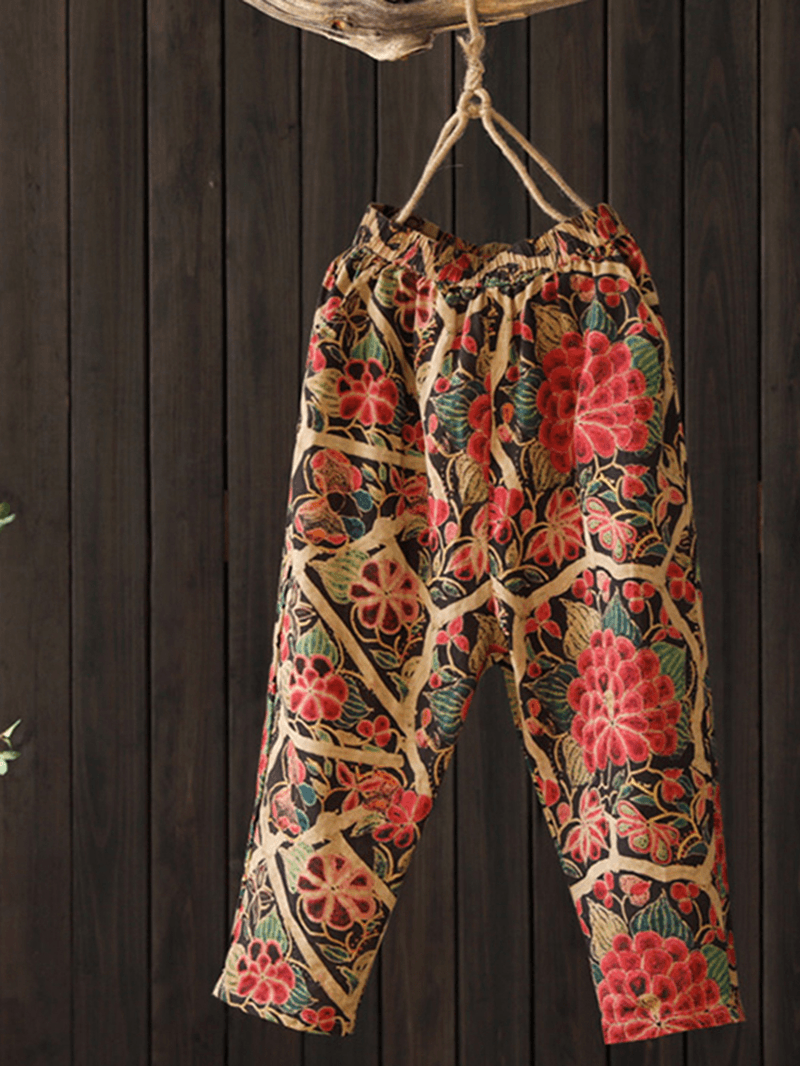 Women Floral Print Elastic Waist Side Pockets Trousers Pants - MRSLM