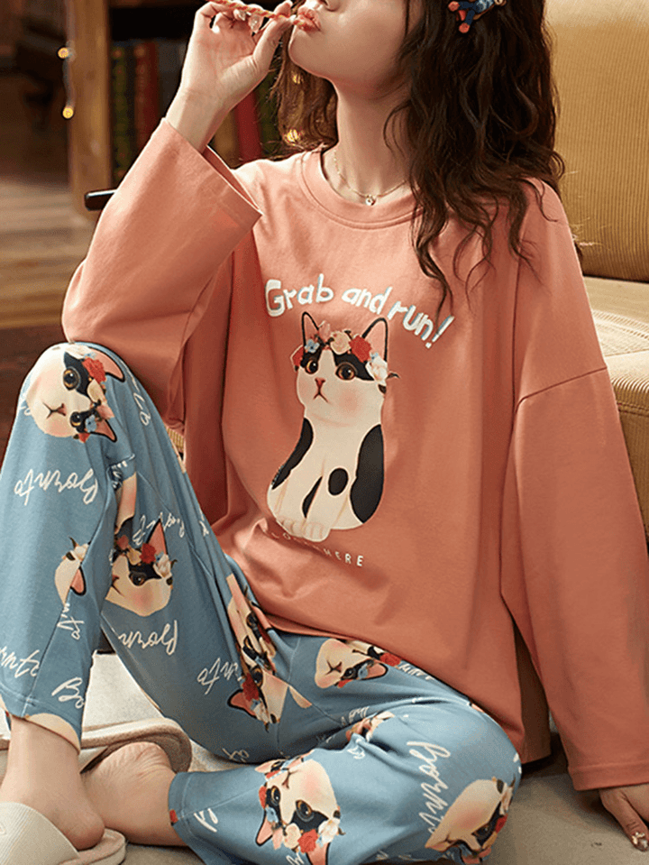 Women Cute Cat Pattern Letter Print Long Sleeve Pullover & Loose Pants Home Two Piece Pajama Set - MRSLM