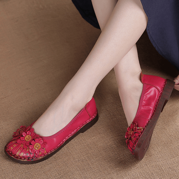 Women Retro Flowers Decor Handmade Stitching Non Slp Soft Sole Loafers - MRSLM